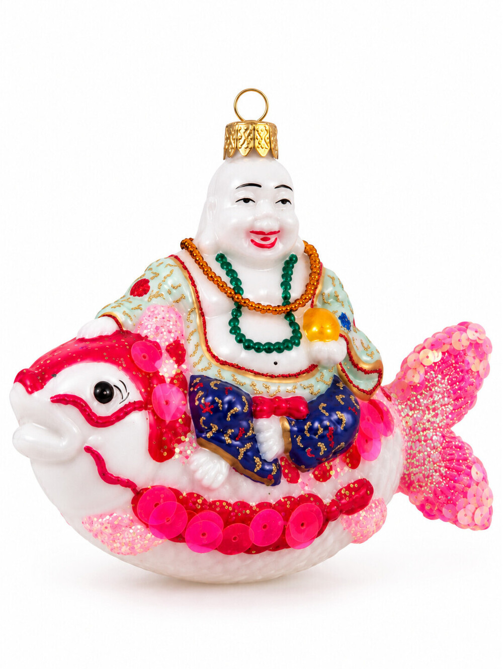 Laughing Buddha Riding Koi Fish Christmas Ornament Pink Sequin Glitter Asian Dec